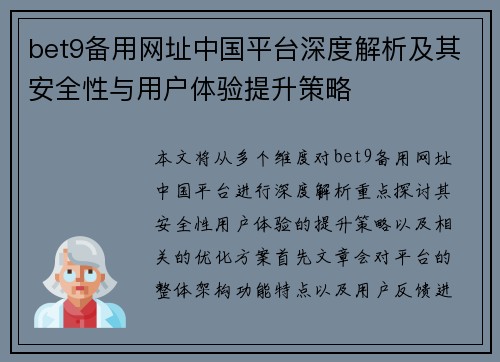 bet9备用网址中国平台深度解析及其安全性与用户体验提升策略