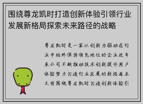 围绕尊龙凯时打造创新体验引领行业发展新格局探索未来路径的战略