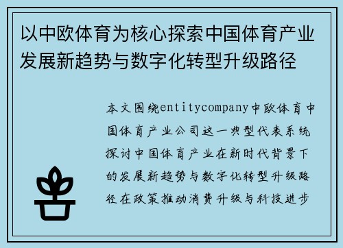 以中欧体育为核心探索中国体育产业发展新趋势与数字化转型升级路径